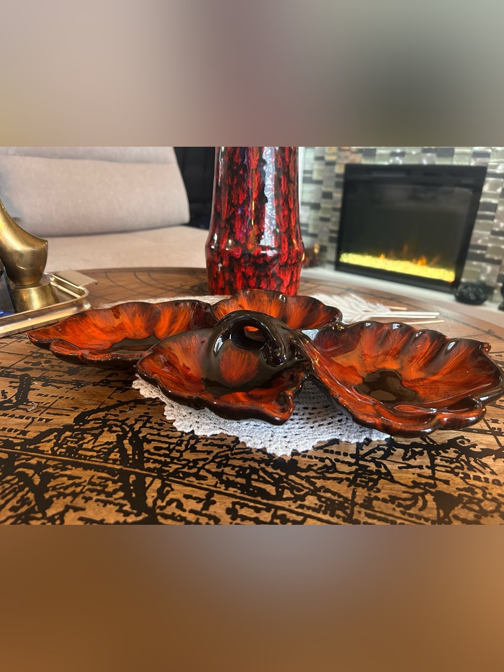 Evangeline Pottery Canada Fat Lava Snack Tray | MCM Orange Drip Glaze Serving